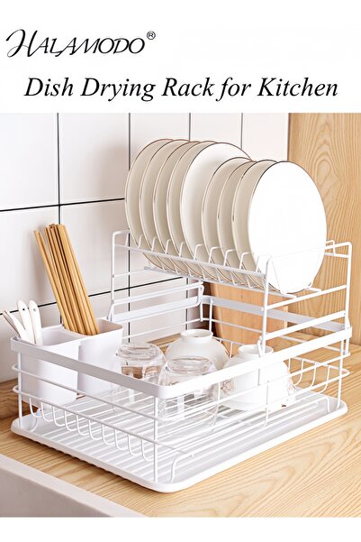 HALAMODO حامل تجفيف الأطباق، رف تخزين، أبيض، 12.6×16.9×10.6 بوصة