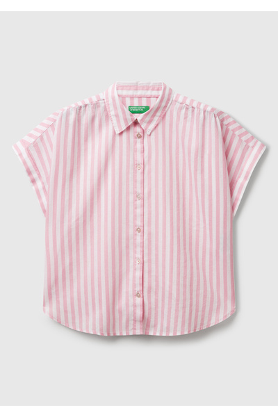 United Colors of Benetton Women's Pink Linen Blended Striped Kimono Sleeve Shirt