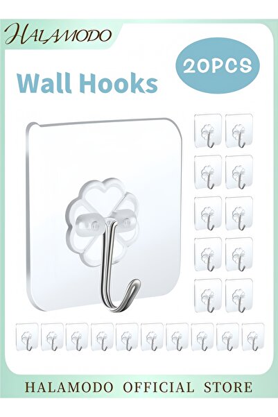 HALAMODO 20-Piece Heavy Duty Self-Adhesive Hooks Clear/Silver 6x6cm