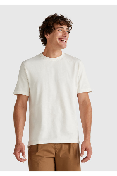 United Colors of Benetton Men's Stone Color 100% Cotton Crew Neck Slub T-Shirt