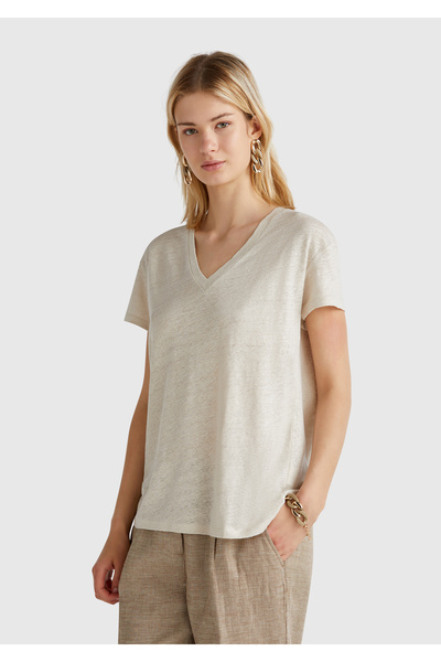 United Colors of Benetton Women's Stone Color 100% Linen Off Shoulder Relax Fit V-Neck T-Shirt