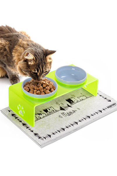 GOBYPET 2'li Yeşil Pleksi Dekoratif Kedi Ve Köpek Seramik Mama & Su Kabı Pasp...