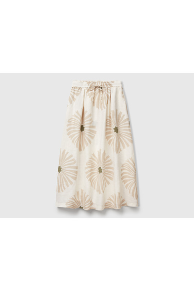 United Colors of Benetton Women's Cream 100% Linen Patterned Long Dress with Elastic Waist