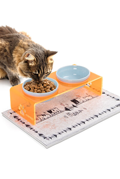 GOBYPET 2'li Turuncu Pleksi Dekoratif Kedi Ve Köpek Seramik Mama & Su Kabı Pa...