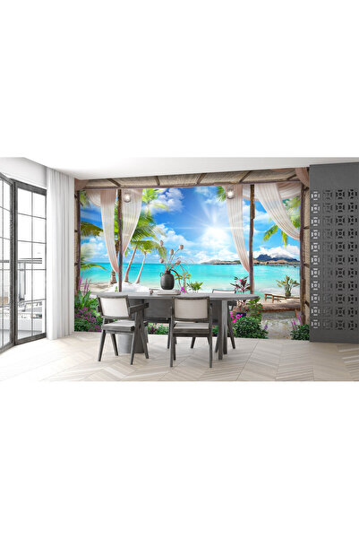 Özen Duvar Kağıtları Muhteşem Perdeli 3 Boyutlu Deniz Doğa Manzara Duvar Kağıdı