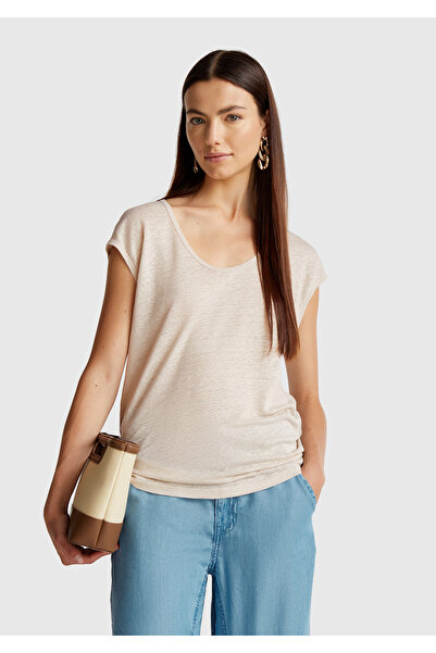 United Colors of Benetton Women's Stone Color 100% Linen Relax Fit Round Neck T-Shirt with Side Slits
