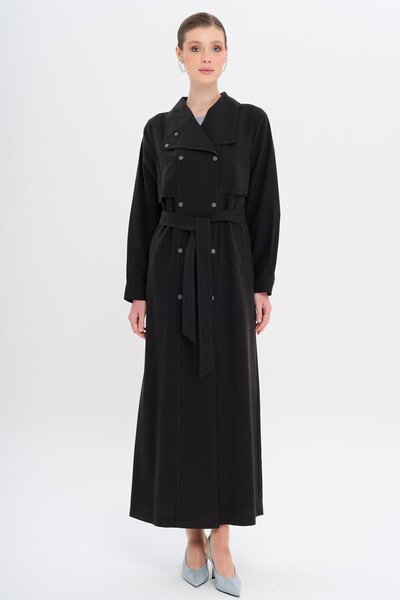 Olcay عباءة بياقة منديل وقبعة مودال غير مبطنة مع تفاصيل إطباقية، أسود 6729