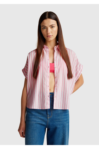 United Colors of Benetton Women's Pink Linen Blended Striped Kimono Sleeve Shirt