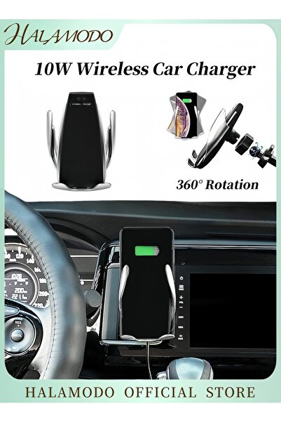 HALAMODO شاحن سيارة لاسلكي مع حامل هاتف أسود/فضي