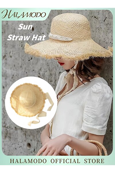 HALAMODO قبعة صيفية نسائية من القش، قبعة شمس من القش ذات حافة عريضة، قبعة شاط...
