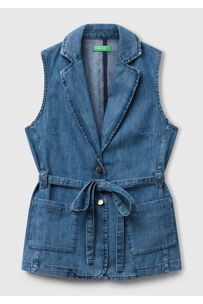 United Colors of Benetton Women's Light Blue Hemp Blend Waistcoat
