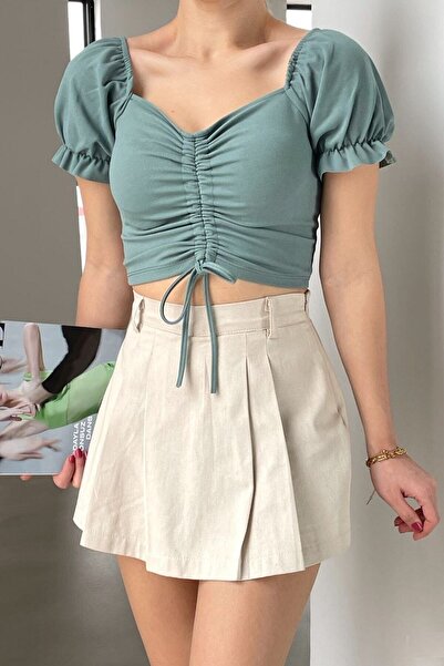 lovebox Women's Stretchy Crepe Fabric Gathering Detailed Princess Sleeve Design Mint Crop Blouse 582500