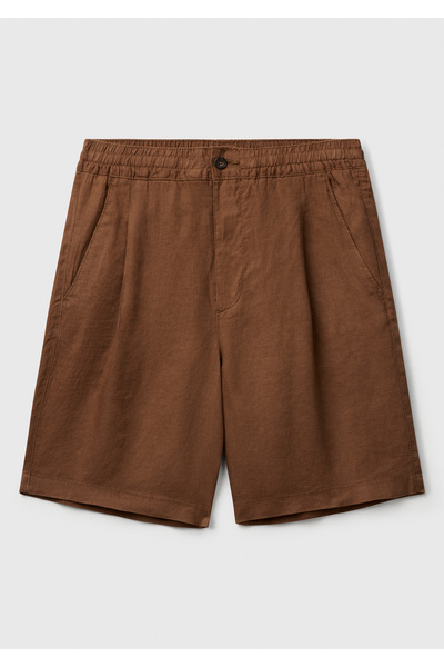 United Colors of Benetton Men's Brown 100% Linen Drawstring Buttoned Bermuda Shorts with Pleat Detail