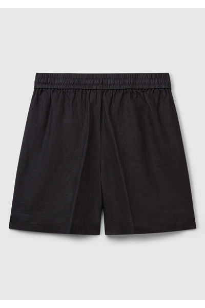 United Colors of Benetton Kadın Siyah %100 Keten Büzgü İpli Cepli Bermuda Şort