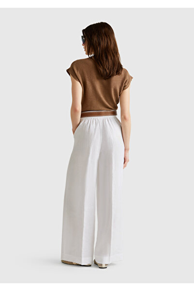 United Colors of Benetton Women's White 100% Linen Palazzo Trousers with Side Pockets and Elastic Back Waist