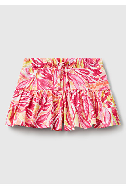 United Colors of Benetton Girl's Orange Patterned Drawstring Hem Pleated Shorts