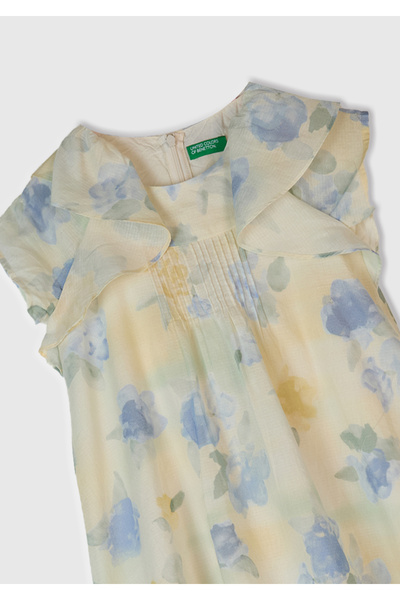 United Colors of Benetton Kız Çocuk Sarı Mavi Tamamı Desenli Omzu Fırfır Detaylı Müslin Elbise