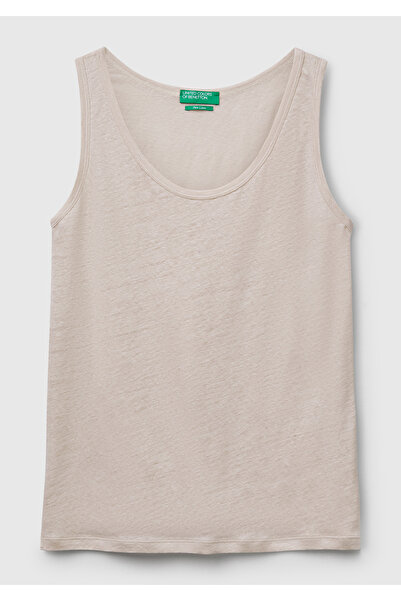 United Colors of Benetton Women's Stone Color 100% Linen Regular Fit Round Neck Undershirt with Side Slits
