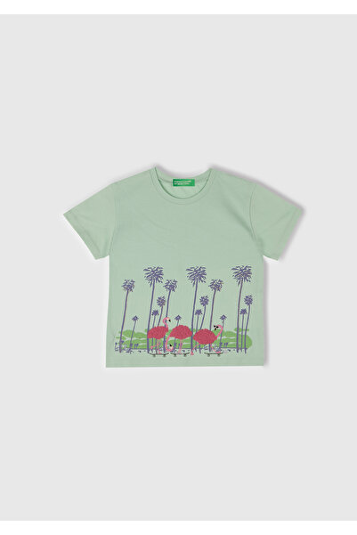 United Colors of Benetton Κοριτσίστικο μπλουζάκι με πράσινο νερό μπροστά με απλικέ τούλι και σχισμή