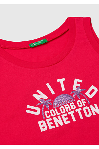 United Colors of Benetton Kız Çocuk Fuşya Simli Benetton Logo Baskılı Atlet