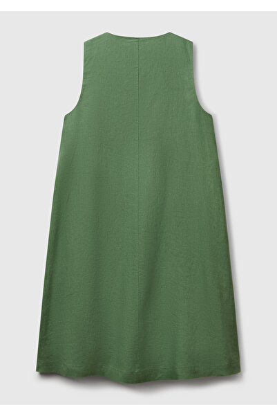 United Colors of Benetton Women's Light Green 100% Linen Side Zipper A-Line V-Neck Short Dress