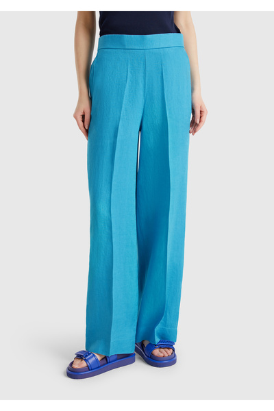 United Colors of Benetton Women's Blue 100% Linen Palazzo Trousers with Side ...