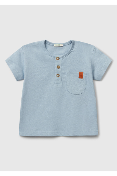 United Colors of Benetton Baby Blue Front Detailed Logo Single Pocket Crew Ne...