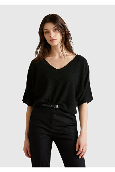 United Colors of Benetton Top fără mâneci pentru femei, negru, din amestec de bumbac și in, cu dungi, fără cusături, cu decolteu în V