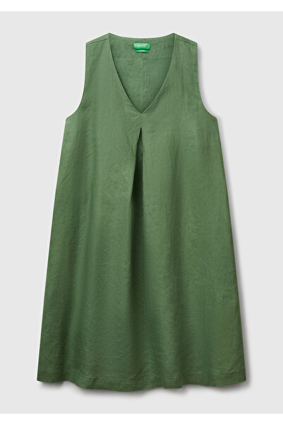 United Colors of Benetton Women's Light Green 100% Linen Side Zipper A-Line V-Neck Short Dress