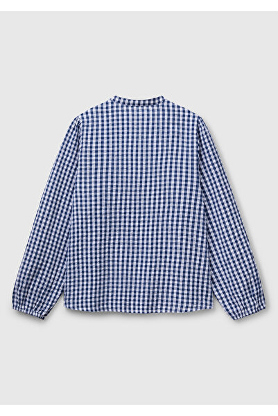 United Colors of Benetton Γυναικεία μπλε μπλούζα από 100% βαμβάκι Gingham Relax Fit Mandarin με λαιμόκοψη σε σχήμα V
