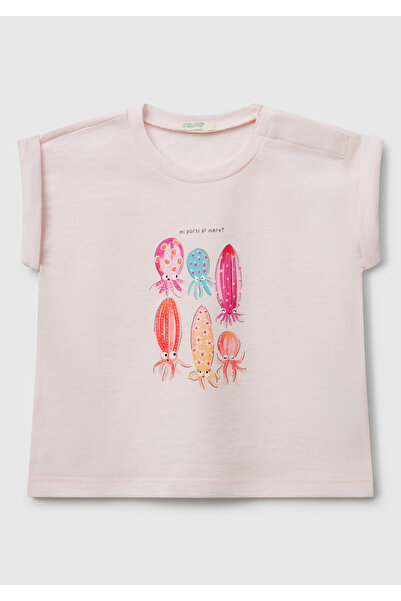 United Colors of Benetton Bebek Toz Pembe Önü Baskılı Manşetli T-Shirt