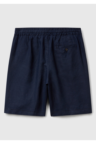 United Colors of Benetton Men's Navy Blue 100% Linen Drawstring Buttoned Bermuda Shorts with Pleat Detail