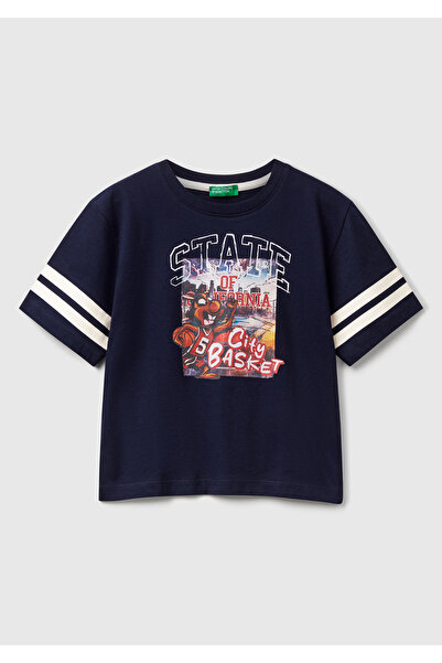 United Colors of Benetton Boy's Navy Blue Photo Printed Oversize T-Shirt with...