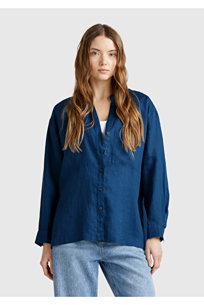 United Colors of Benetton قميص نسائي من الدنيم 100% كتان كبير الحجم بياقة ماندرين مع جيب أمامي يسار