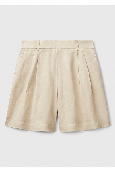 United Colors of Benetton Women's Stone Color 100% Linen Back Waist Elastic Pleated Relax Fit Bermuda Shorts