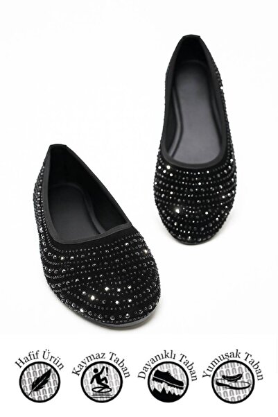 Nstil Günlük Siyah Kadın Babet Oval Burun Gümüş Taşlı Saten Ortopedik Hafif Ev Iş Ofis Ayakkabı 38