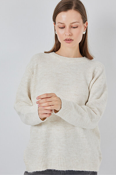 Bigdart 15895 Oversize Plain Cream Knitwear Sweater