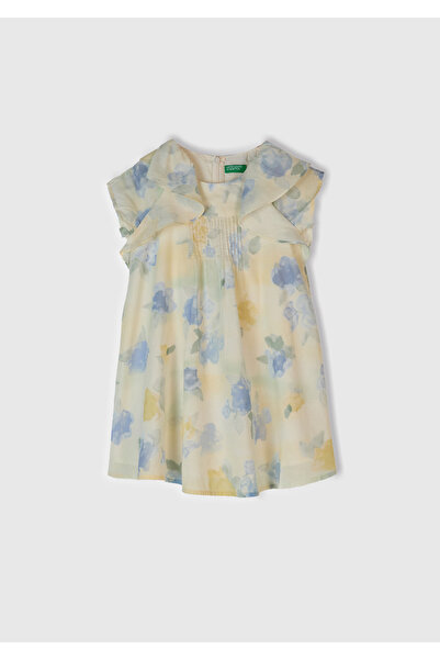 United Colors of Benetton Kız Çocuk Sarı Mavi Tamamı Desenli Omzu Fırfır Detaylı Müslin Elbise