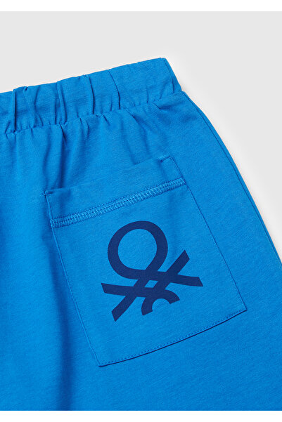 United Colors of Benetton Erkek Çocuk Saks Mavi Arka Cebi Logo Baskılı Beli İpli Şort