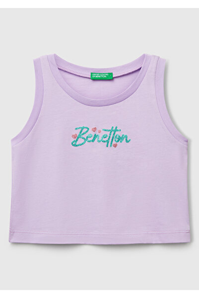 United Colors of Benetton Girl's Lilac Glitter Benetton Logo Printed Tank Top