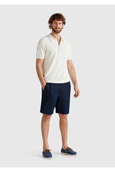 United Colors of Benetton Men's Navy Blue Linen Drawstring Buttoned Bermuda S...