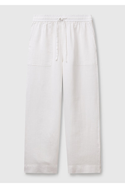 United Colors of Benetton Women's White 100% Linen Drawstring Pocket Cigarette Pants