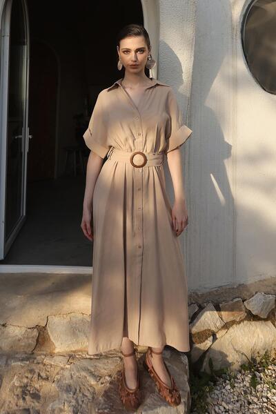 Olcay Φόρεμα Modal με λεπτομέρεια με κορδόνι στη μέση BEIGE 9307-E