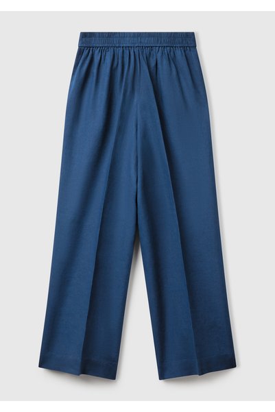 United Colors of Benetton Women's Denim 100% Linen Palazzo Trousers with Side Pockets and Elastic Back Waist