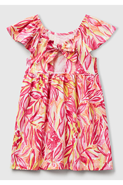 United Colors of Benetton Κοριτσίστικο πορτοκαλί μοτίβο με φιόγκο μπροστά μανίκια και πλισέ φούστα