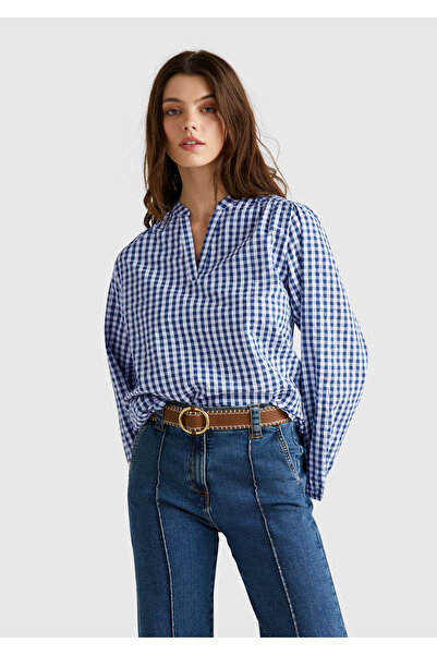 United Colors of Benetton Γυναικεία μπλε μπλούζα από 100% βαμβάκι Gingham Relax Fit Mandarin με λαιμόκοψη σε σχήμα V