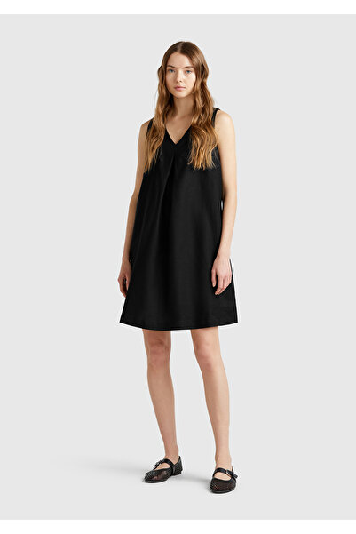 United Colors of Benetton Rochie neagră pentru femei, 100% in, cu fermoar lateral, cu decolteu în V