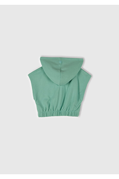 United Colors of Benetton Girl's Water Green Sleeveless Hooded Sweatshirt with Applique on the Front and Embroidery Detail