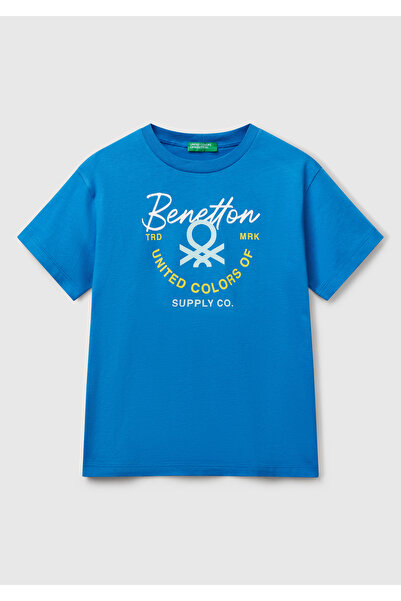 United Colors of Benetton Boy's Saks Blue Benetton Logo Printed T-Shirt