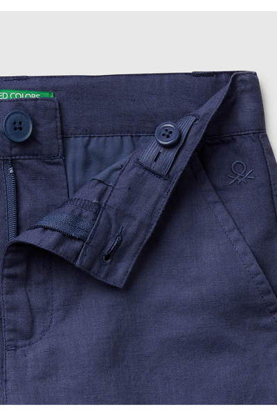 United Colors of Benetton Erkek Çocuk Lacivert Keten Karışımlı Paçası Kıvrılmış Relax Fit Pantolon